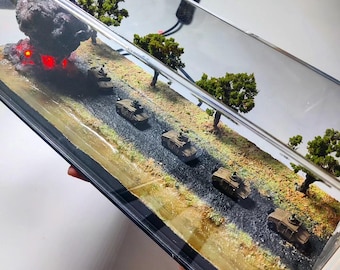 Handcrafted Iraq War Diorama – LED-Lit Mushroom Explosion, Military Hummers, River Scene, Acrylic Display Case