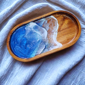 Wood and resin ocean wave tray | Handmade coastal decor | Resin beach art trinket dish | Nautical wood catchall | Ocean art gift idea
