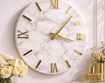 White and Gold Epoxy Resin Clock - Modern Geode Wall Art