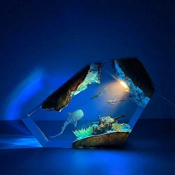 Whale Shark & Diver Epoxy Wood Lamp - Underwater Ocean Night Light