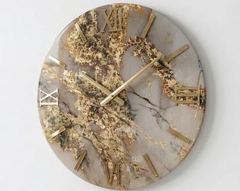 Luxury Resin Wall Clock – Gold Roman Numerals, Marble Geode Design, Oversized Home Decor