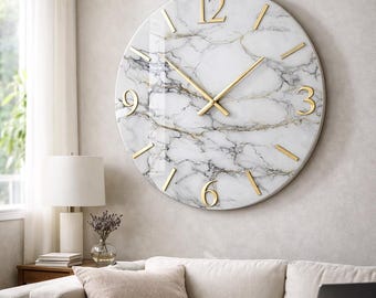 Oversized Resin Wall Clock – Marble Gold Roman Numerals, Silent Movement