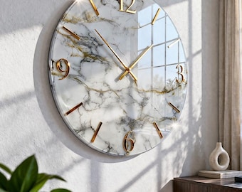 Luxury Resin Wall Clock – Marble Geode Design, Gold Roman Numerals, Oversized Home Decor