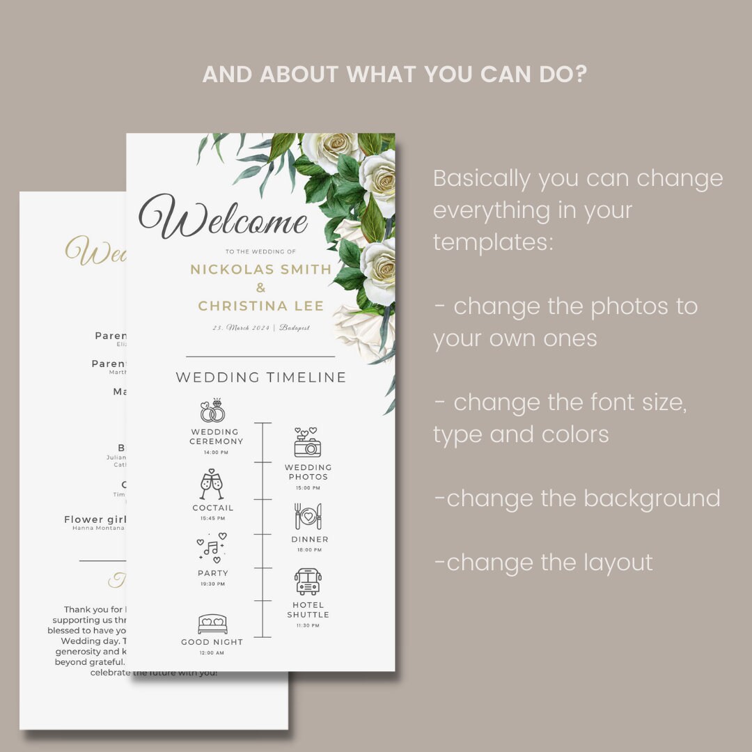 Wedding Program Template With ICONS Printable Floral Wedding Timeline ...