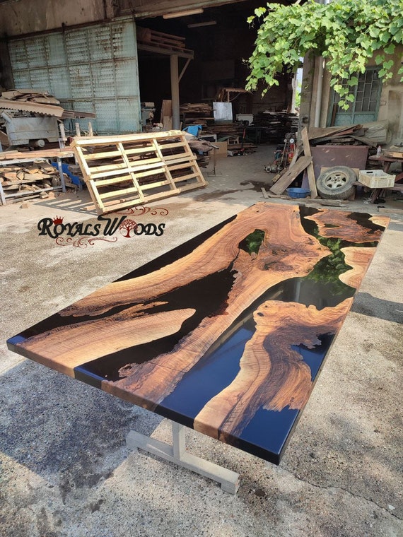 Walnut Wood Black Epoxy Dining Tablelive Edge Wooden Table Etsy