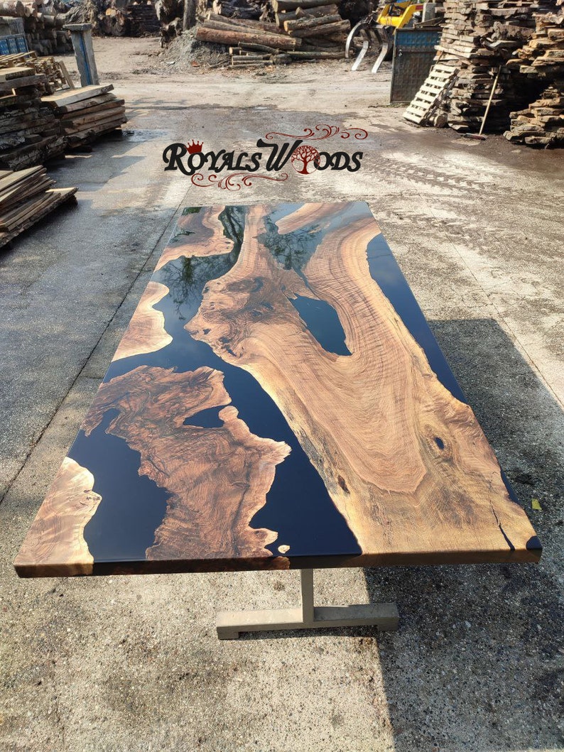 Walnut Wood Black Epoxy Dining Tablelive Edge Wooden Table Etsy