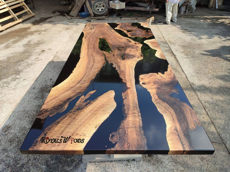 Walnut Wood Black Epoxy Dining Tablelive Edge Wooden Table Etsy