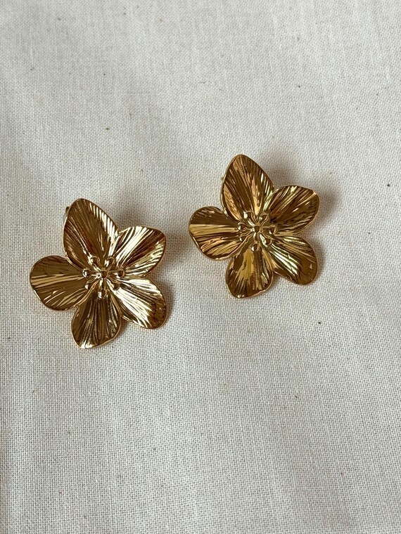 Boucles D'oreilles Vintage Or 18k - Fleurs En Résine Et Métal - Clous (puces) - Occasion