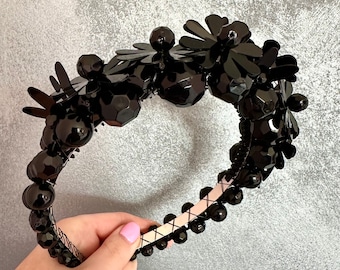 Black Flower Beaded Crystal Hairband Crown