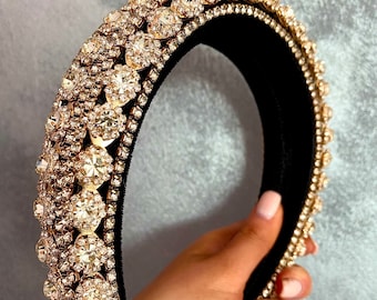 Gold Embellished Jewel Gem and Diamanté Thick Headband Crown