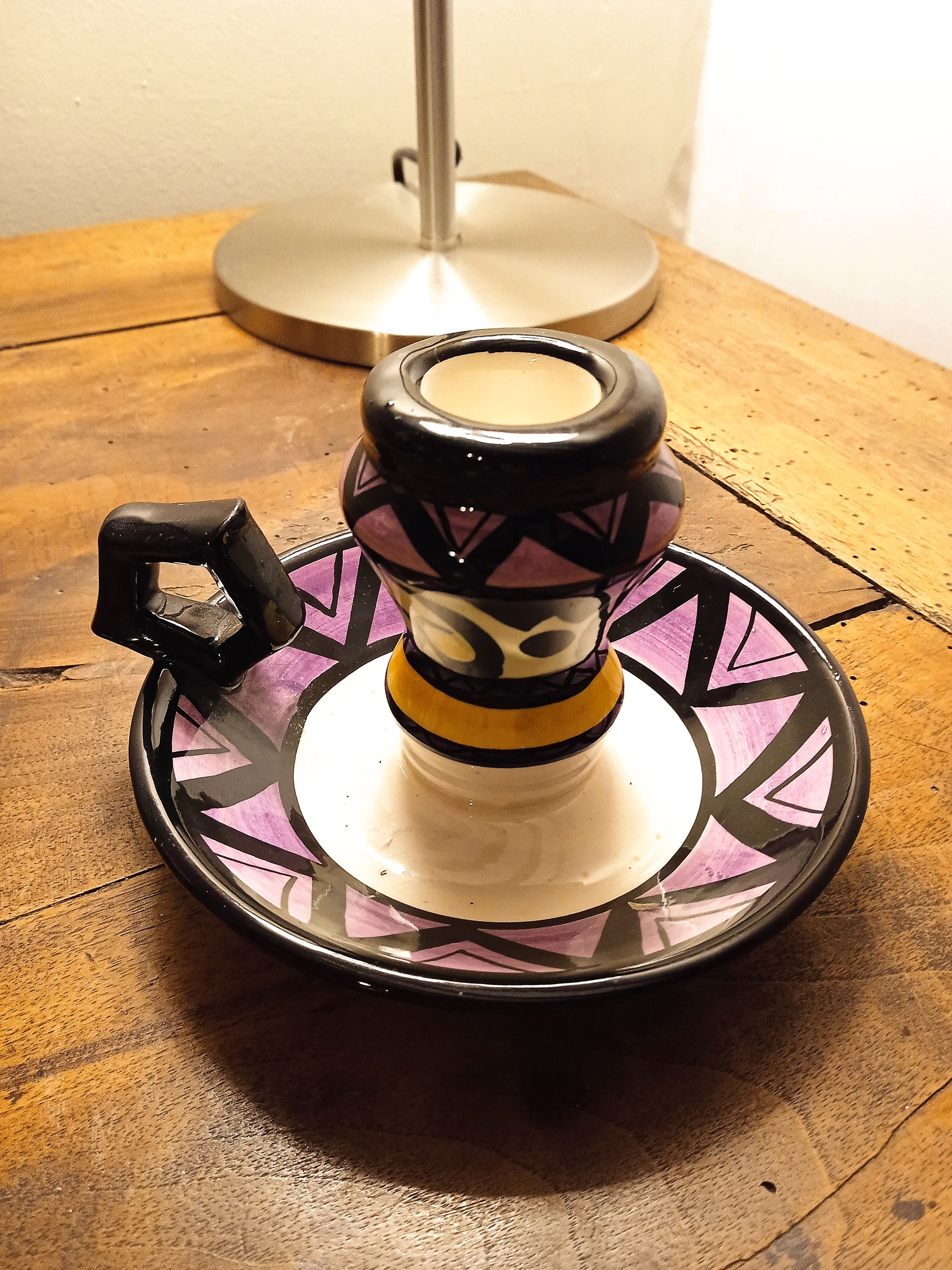 Bougeoir Faïence Saint Jean de Bretagne , Quimper Vintage Motif 1056 Forme Géométrique Décor Main