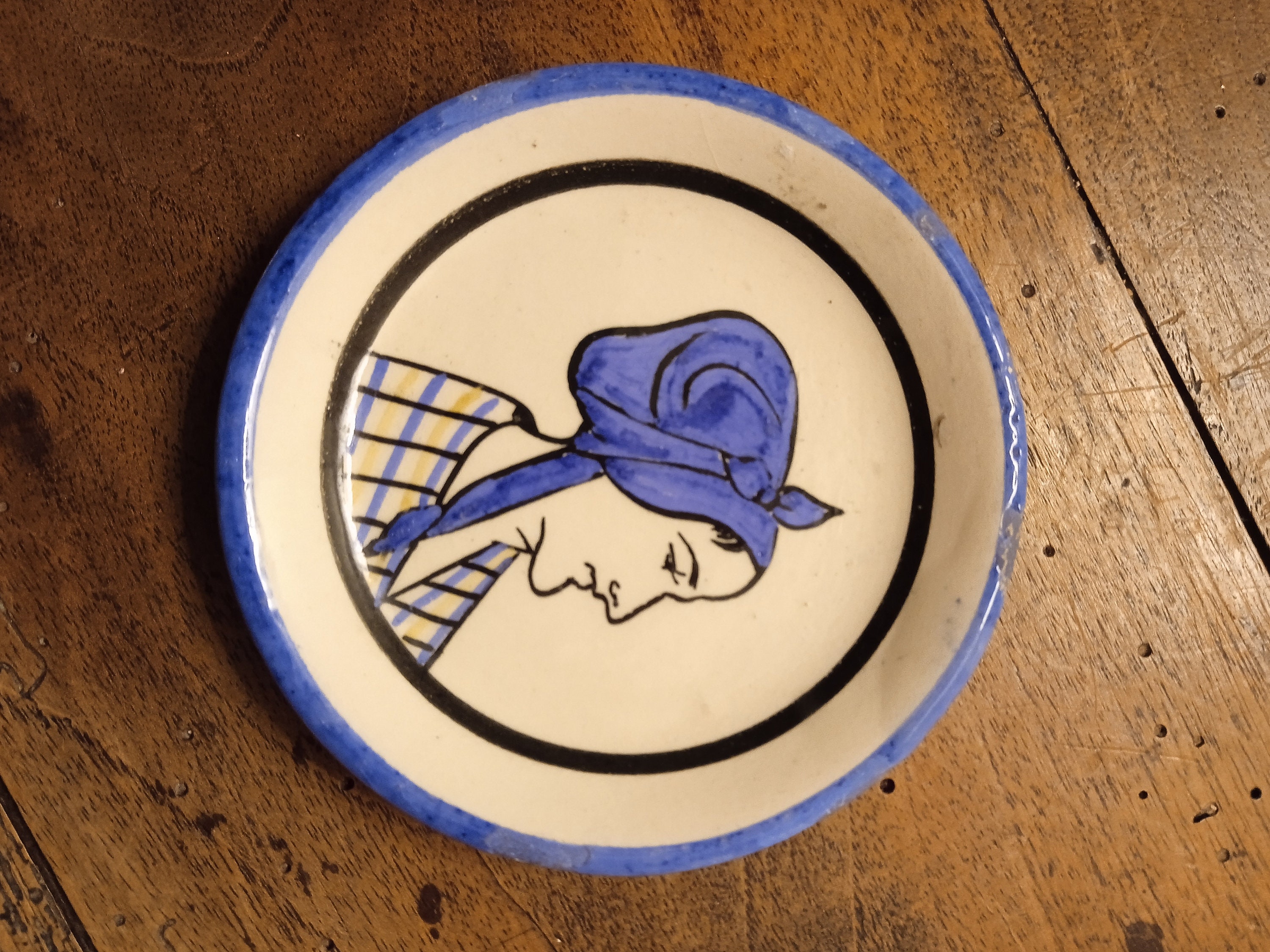 Petite Coupelle Faïence Hb Quimper Motif Basque , Décor Main Vintage