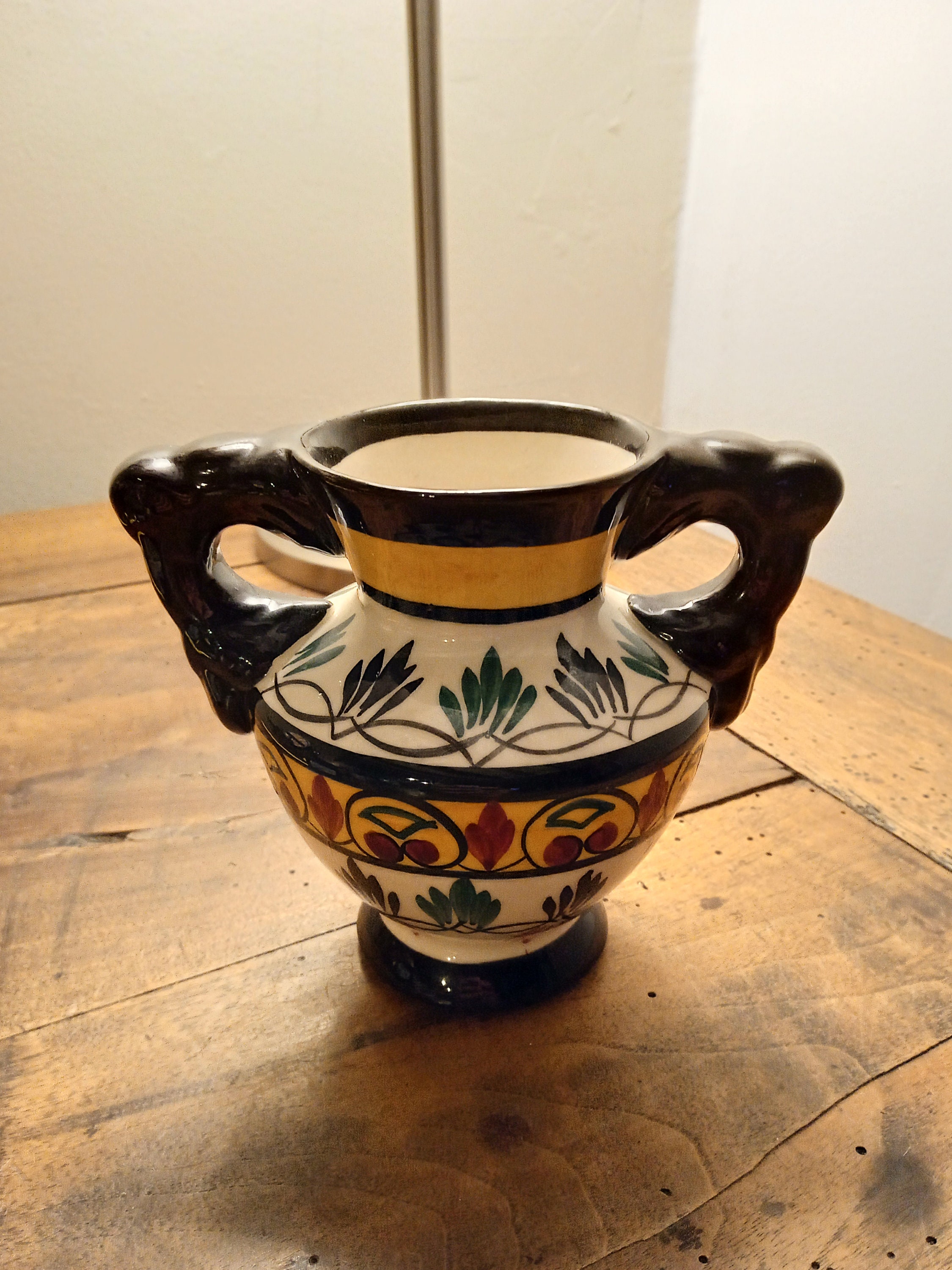 Petit Vase Faïence Saint Jean de Bretagne , Décor Main Vintage Motif Fleur Géométrique