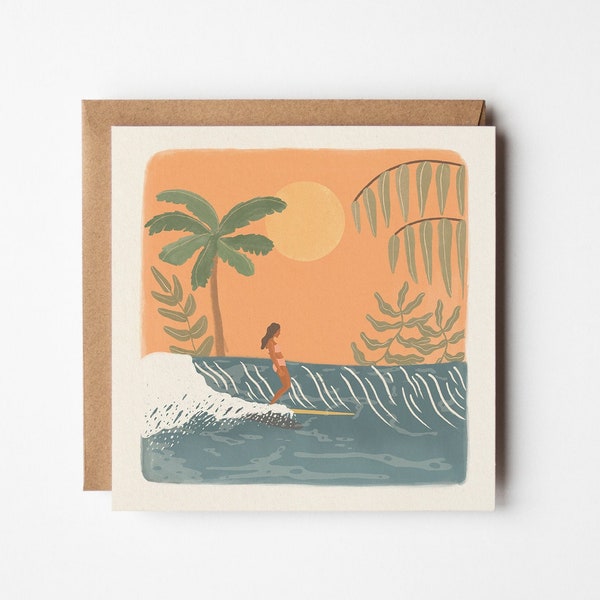 Surfer girl card, Happy Birthday, Greetings Card, Surfing, Surfboard card, waves, surfer birthday card, surfer theme card, girls surfing