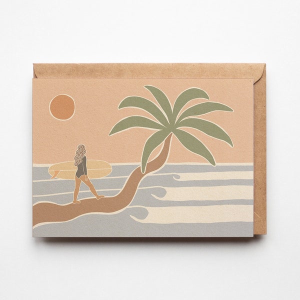 Surfer girl greetings card, Happy Birthday, Girl surfer, Surfboard card, waves, surfer birthday card, surfer theme card, Tropical, surf art