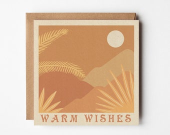 Warm Wishes square greetings card, Birthday card, Thank you card, Boho, landscape, desert, beach house, Earthy tones, Thoughtful, Positive
