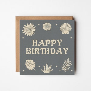 Happy Birthday Square greetings card, flowers, shells, boho beach, beach decor, surf girl gift, plants, ocean inspired imagem 1