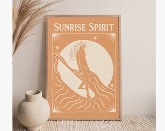 Sunrise Spirit Surf Girl Art Print, Thème Surf, Impression Paysage Surf, Pastel, Tropical , Surf Illustration, Cadeau pour surfeur