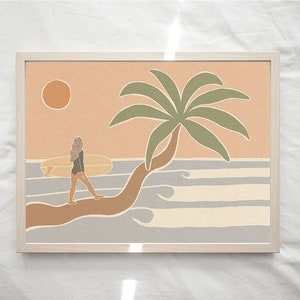 Surfer Girl Art Print, Surf Themed, Landscape Surf Print, Pastel, Tropical , Surf Illustration, Gift for surfer