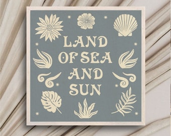 Land of Sea + Sun Art Print, décor côtier, art de plage, impression de coquillages, lune de soleil et étoiles, coquille de matisse, art éclectique, boho