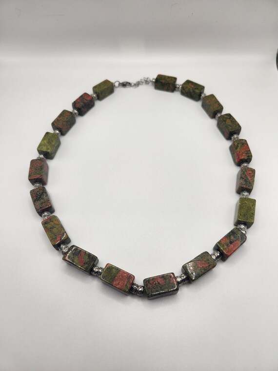 Unakite Statement Necklace with Rectangular Beads - image 4