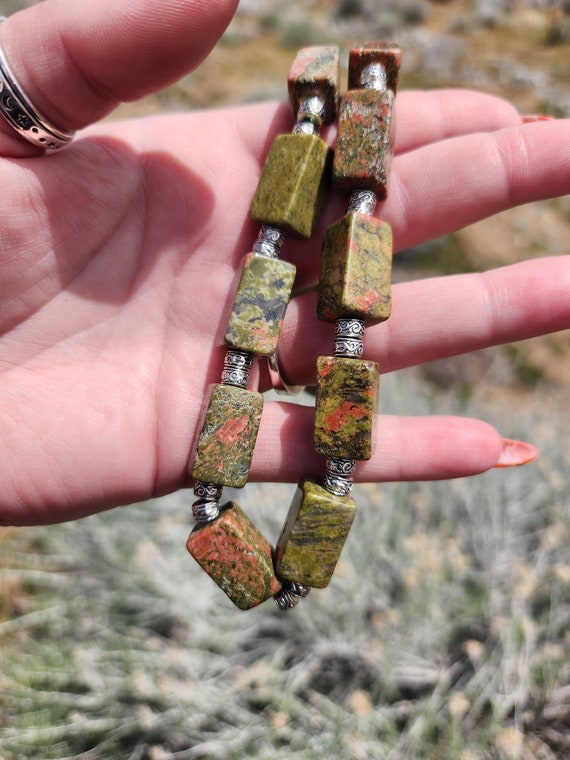 Unakite Statement Necklace with Rectangular Beads - image 3