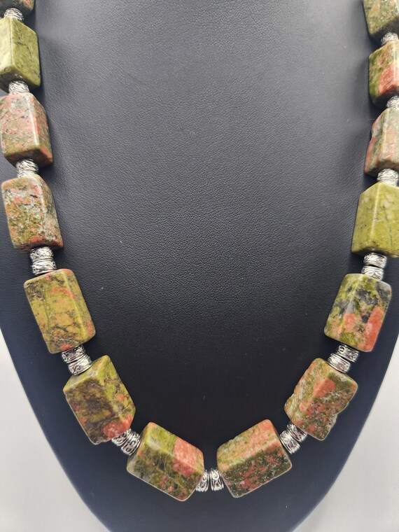 Unakite Statement Necklace with Rectangular Beads - image 2
