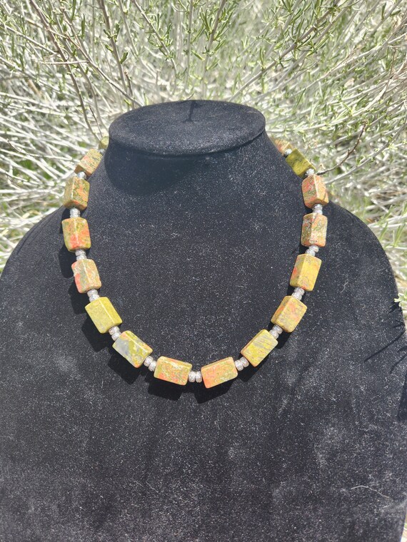 Unakite Statement Necklace with Rectangular Beads - image 6