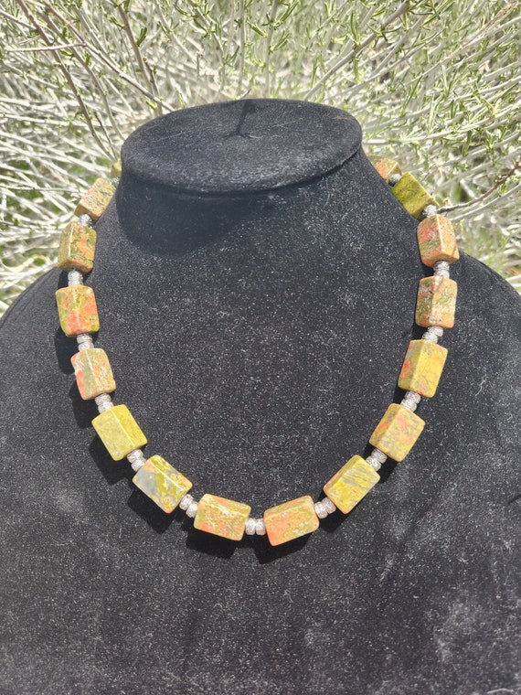 Unakite Statement Necklace with Rectangular Beads - image 7
