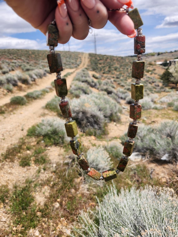 Unakite Statement Necklace with Rectangular Beads - image 5
