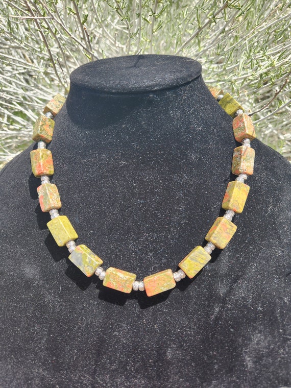 Unakite Statement Necklace with Rectangular Beads - image 1