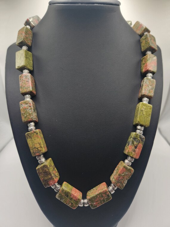 Unakite Statement Necklace with Rectangular Beads - image 8