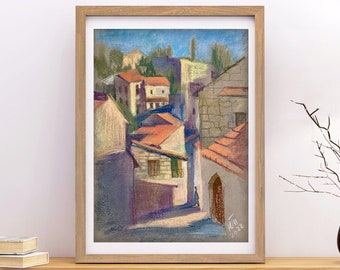 Original pastel painting. Cypriot village Lofu. Living room wall decor. Small painting. Cypriot village landscape.