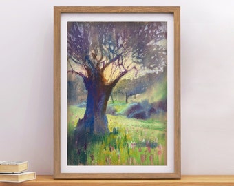 Old olive tree. Anemone field. Original pastel painting. Cyprus landscape. Wall art. Gift idea for her. Birthday present. Bedroom decor