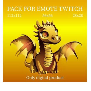Può includere: Un drago dorato con le ali, seduto su uno sfondo giallo. Il testo "PACK FOR EMOTE TWITCH" è in alto nell'immagine. Il testo "112x112", "56x56" e "28x28" è sotto il testo "PACK FOR EMOTE TWITCH". Il testo "Only digital product" è in basso nell'immagine.