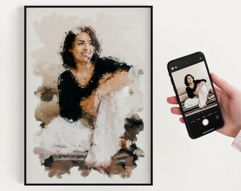 May include: A watercolor painting of a person sitting with their legs crossed. The person is wearing a black shirt and white pants. The background is a light brown color.