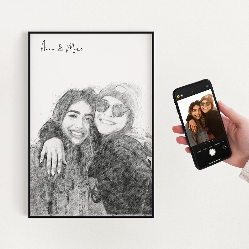 May include: A black and white pencil sketch of two women, one with a beanie and sunglasses, hugging each other. The text "Anna & Marie" is written at the top of the image.