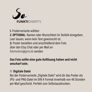 May include: A white background with black text explaining how to order a custom poster. The text includes the phrase "So funktioniert's" which translates to "So it works".
