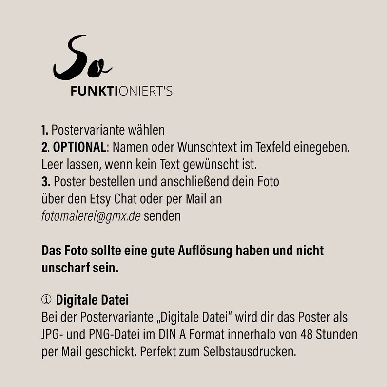 May include: A white background with black text explaining how to order a custom poster. The text includes the phrase "So funktioniert's" which translates to "So it works".