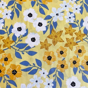 Yellow and white flowers with leaves on yellow cotton Fabric, 100% Cotton, Fabric by the yard, Fat Quarter, Quilting Fabric, Apparel Fabric