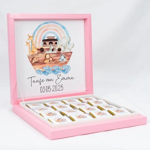 Gepersonaliseerde chocoladedoos in goud, zilver, zwart voor doop, communie, vormsel - babycadeaus - Noah's Ark Safari-motief