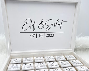 Schokobox personalisiert in Weiß, Gold, Silber oder Schwarz für Hochzeiten,Verlobungen - Gastgeschenke- Pralinenschatel - Schokolade