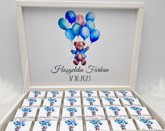Chocoladedoos gepersonaliseerd met verschillende motieven - teddybeermotief blauw voor kinderverjaardag, babyshower of pasgeboren gastcadeau