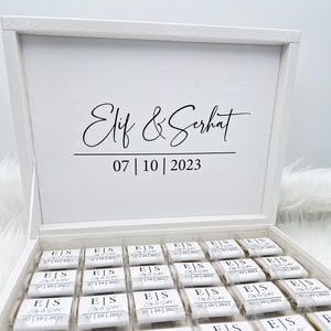 Schokobox personalisiert in Weiß, Gold, Silber oder Schwarz für Hochzeiten,Verlobungen Gastgeschenke Pralinenschatel Schokolade Bild 1