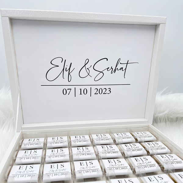Schokobox personalisiert in Weiß, Gold, Silber oder Schwarz für Hochzeiten,Verlobungen - Gastgeschenke- Pralinenschatel - Schokolade