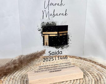 Personalized Umrah Acrylic Sign - Hajj Stand - Umrah Mubarak - Umre Hatirasi - Umre Hediye - Wooden Base - Hajj Gift