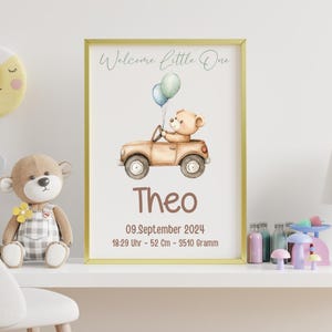 Póster de nacimiento personalizado, regalo para bebé para guardería, póster con marco personalizado, osito de peluche boho cumpleaños en Din A3