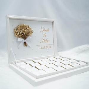 Chocoladedoos gepersonaliseerd met PARELS in wit, goud, zilver of zwart voor bruiloften, verlovingen - gastgeschenken - chocoladedoos