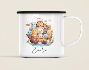 Emaille Tasse Personalisiert Noahs Arche Ark, Enamel Mug, Kindertasse verschiedenen Designs, Taufe, Kommunion, Geschenkidee Geburtstag