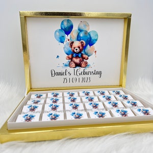 Schokobox personalisiert mit verschiedenen Motiven - Teddy Bär Motiv Blau für Kindergeburtstag, Babyshower oder Neugeborenen Gastgeschenk